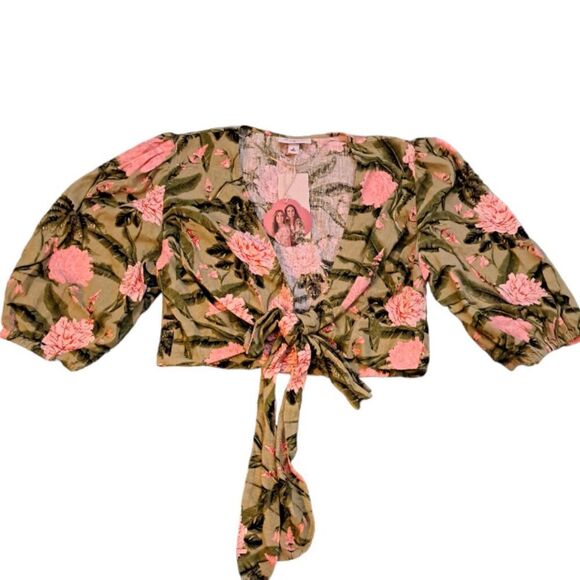 Aguabendita Women's Puffed Sleeves Green Pink Crop Tie Top Linen Blend 1X - Picture 3 of 11